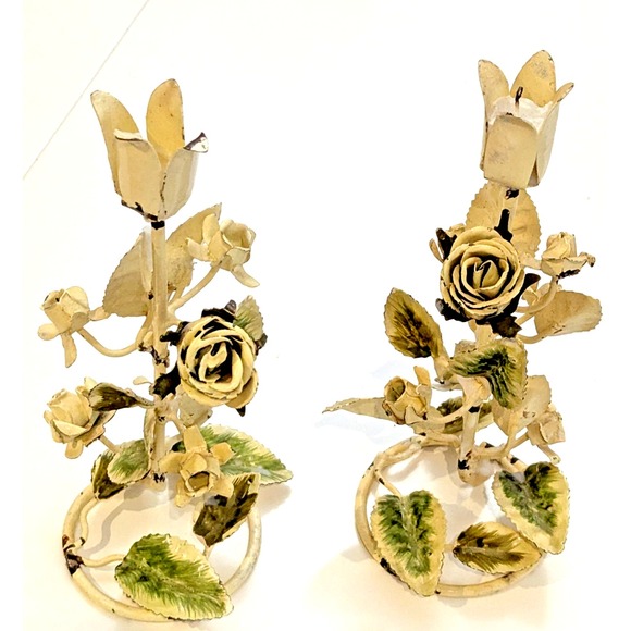 Shabby Chic Other - Set of 2 VTG ITALIAN Candle Holders Hand Painted Floral Shabby Chic Genuine ITAL